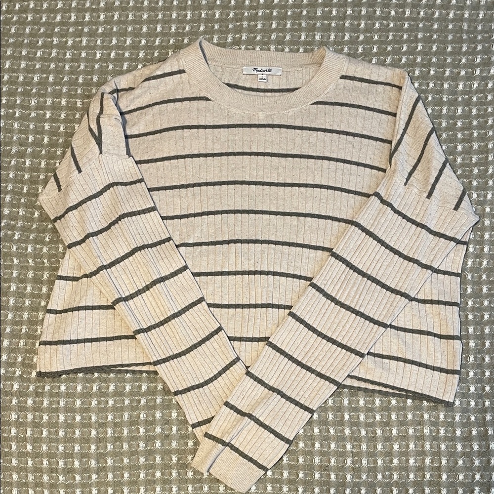 Madewell Beige & Olive Striped Ribbed Crop Sweater